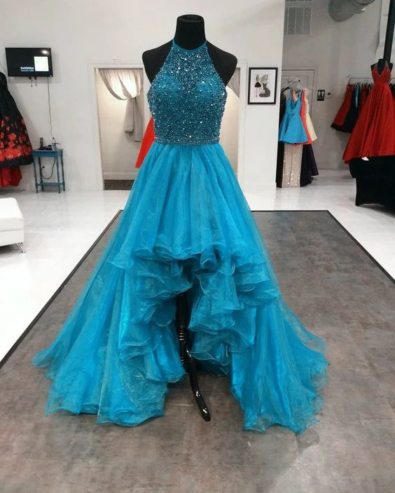 Beaded Halter Organza Ruffles High Low Prom Dresses,High Low Long Organza Crystal Evening Gonw C397 Beaded Halter Organza Ruffles High Low Prom Dresses,High Low Long Organza Crystal Evening Gonw C397