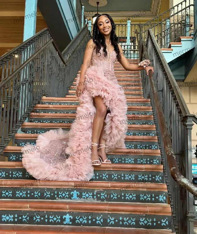 Rose Pink Ruffles Prom Dress For Black Girls Crystals Diamond Rhinestone Beaded High Slit