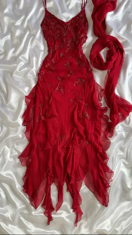 Fashion Chiffon Ruffles Beading Prom Dress Red Party Evening Dress cc1414