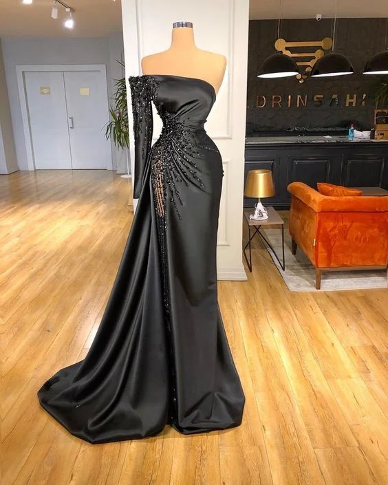 Black Split Side Mermaid Satin Evening Party Prom Dress C2142