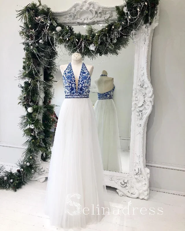 A-line Halter Long Prom Dresses V neck Prom Girl Dresses Royal Blue Long Evening Gowns Formal Dress SED148 A-line Halter Long Prom Dresses V neck Prom Girl Dresses Royal Blue Long Evening Gowns Formal Dress SED148