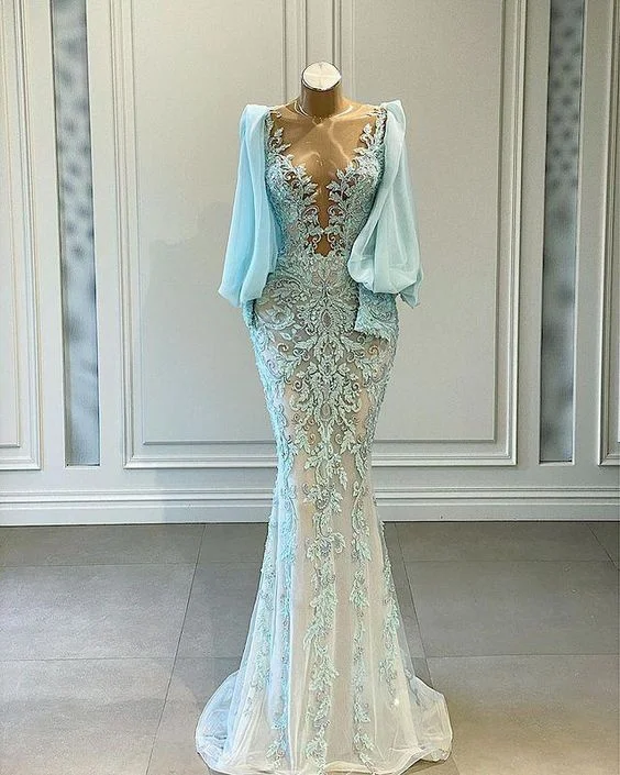 Arabic Mermaid Lace Beaded Prom Dresses Sheer Neck Long Sleeves Evening Formal evening Prom Dress C1618