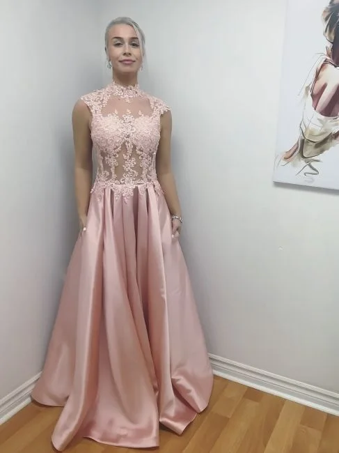 Pink High Neck Prom Dress With Lace , Satin Prom Dress   cg13832