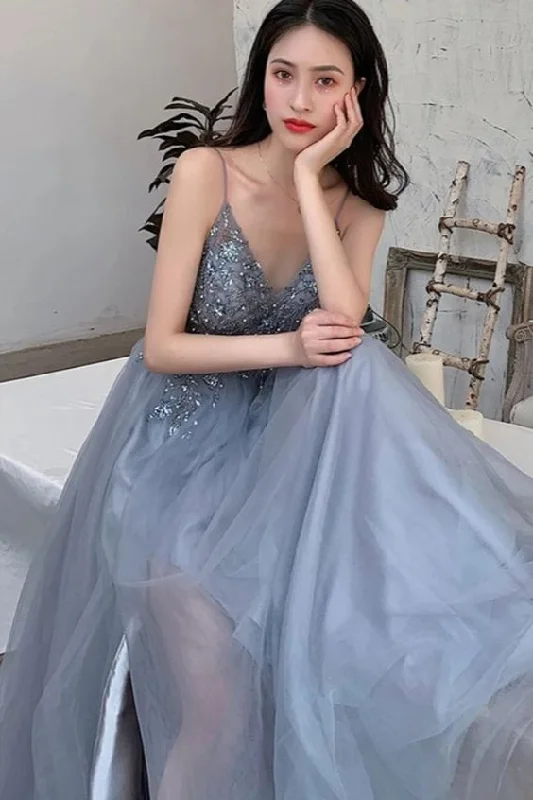 V Neck Gray Beaded Long Prom Dresses, V Neck Beaded Gray Formal Evening Graduation Dresses C285 V Neck Gray Beaded Long Prom Dresses, V Neck Beaded Gray Formal Evening Graduation Dresses C285
