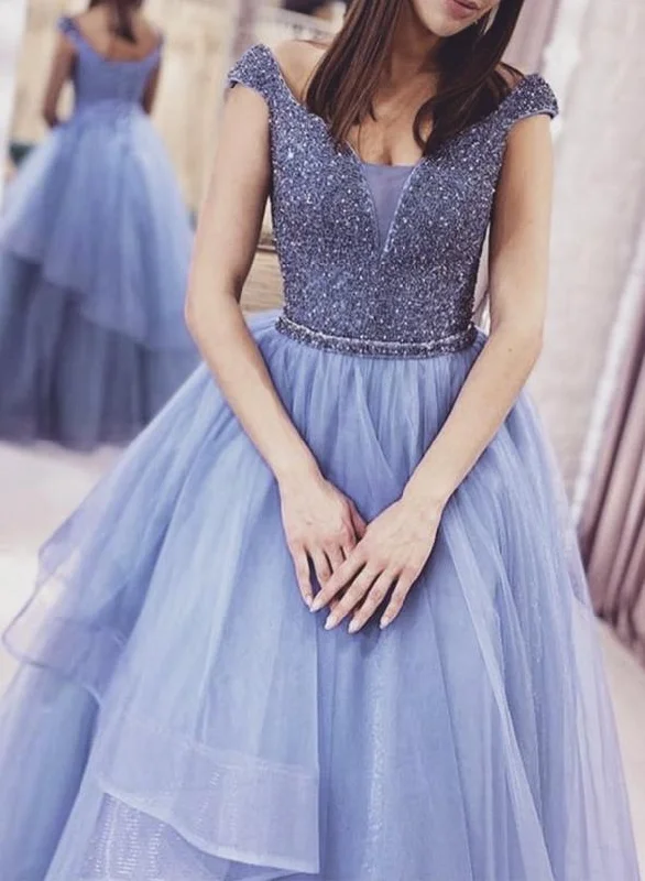 Blue tulle beads long prom gown formal dress   cg13601