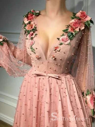 V-neck Pink Long Prom Dresses With Sleeve Floral Long Formal Evening Gowns SED129