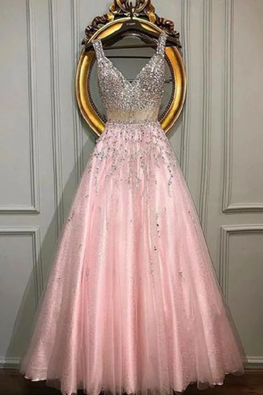 Unique Pink V Neck Custom Size A Line Sweet Prom Dress With Beading   cg13716
