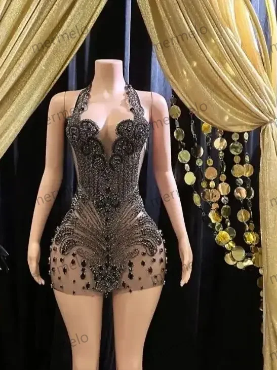 Black Sexy Mini Short Prom Dress Shiny Crystal Rhinestones Tulle See Through