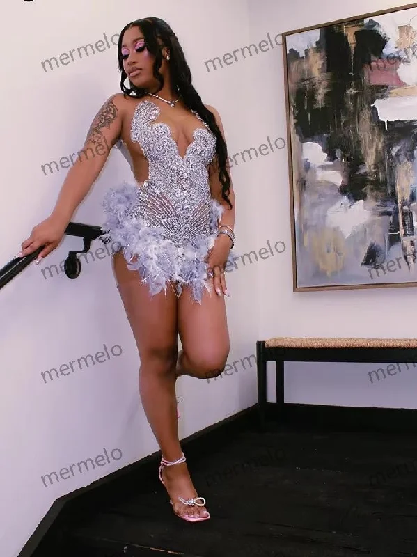 Silver Diamonds Short Prom Dress Glitter Crystals Beads Feathers