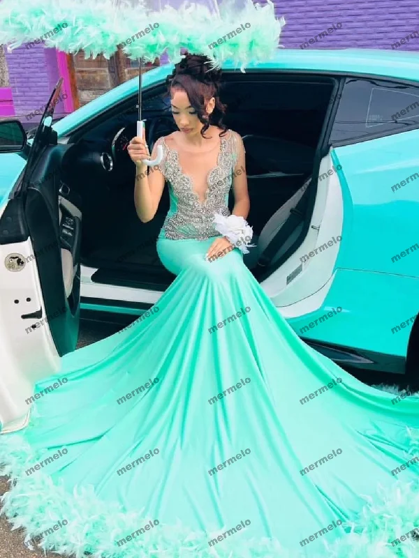 Mint Mermaid Prom Dress Luxury Silver Rhinestone Beads Black Girls Formal Gala Party Gown