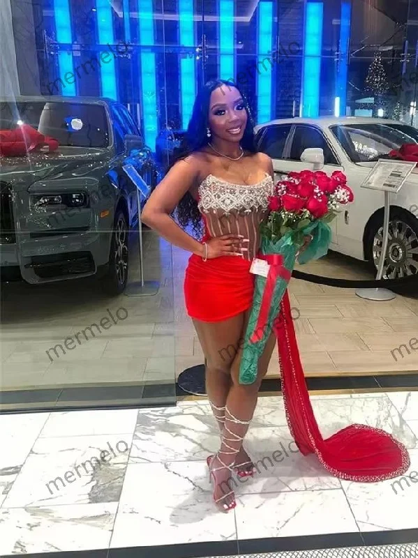 Red Velvet Strapless Short Prom Dresses
