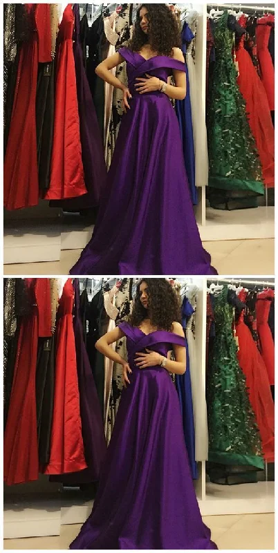 A-Line Off The Shoulder Purple Satin Prom Dress   cg13825
