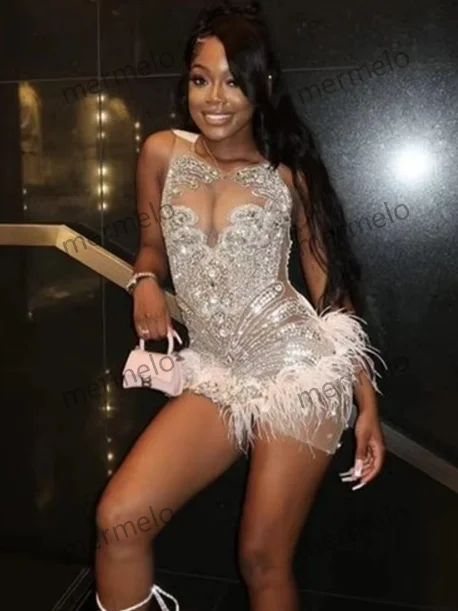 Sexy Feathers Rhinestone Short Prom Dresses Birthday Luxury Dress