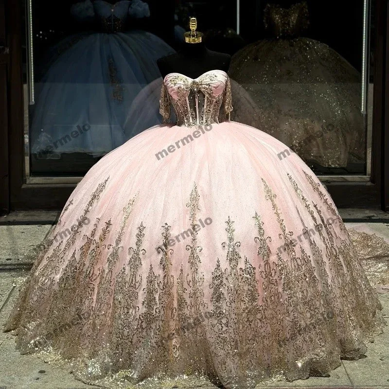 Pink Ball Gown Quinceanera Dresses Short Sleeves