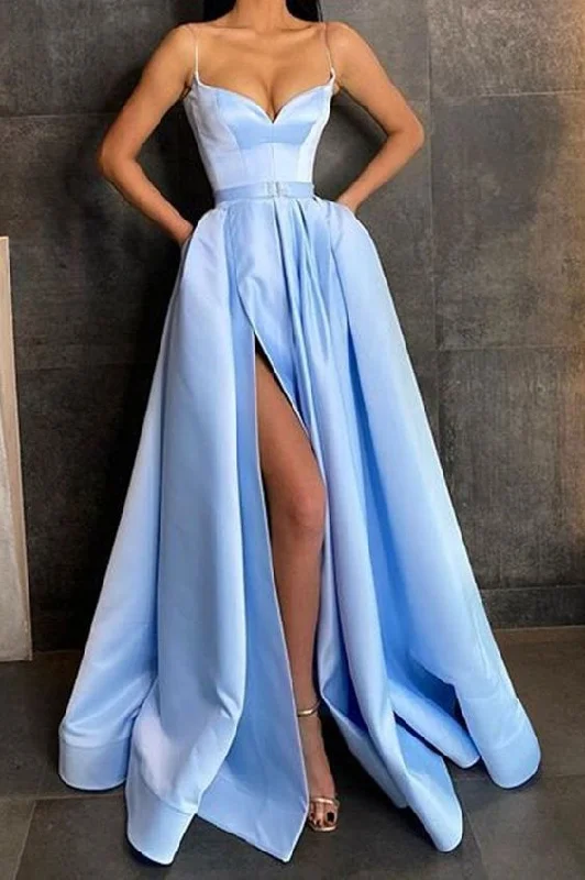 Simple blue sweetheart satin long prom dress blue evening dress    cg13579