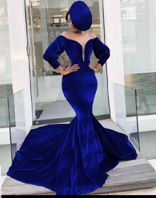 Royal Blue Velvet Mermaid Prom Dresses   cg13459