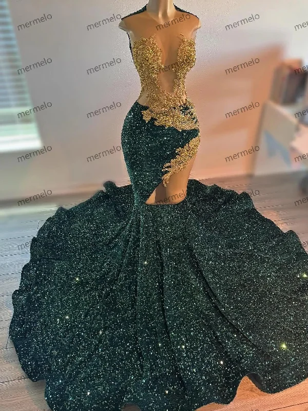 Sexy Emerald Green Sequins Rhinestones Prom Dress For Black Girl