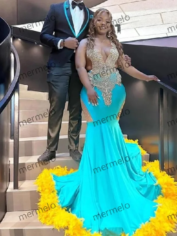 Sexy Green Yellow Feather Prom Dress For Black Girls