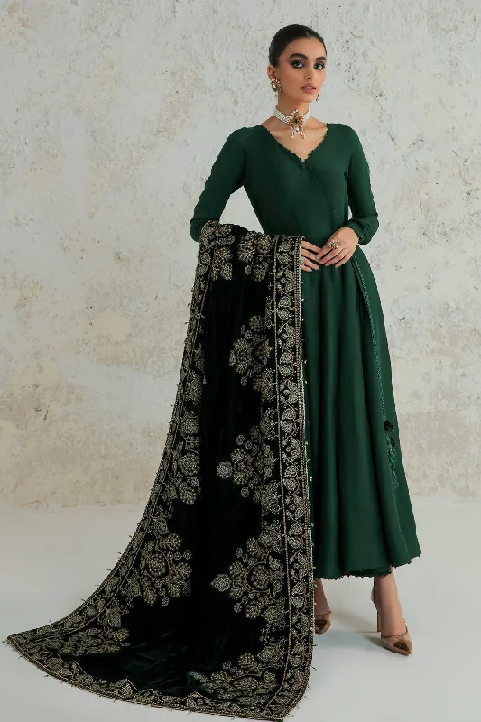 Traditional Pakistani Green Long Frock with Shawl Fashionable Embroidered Shawl