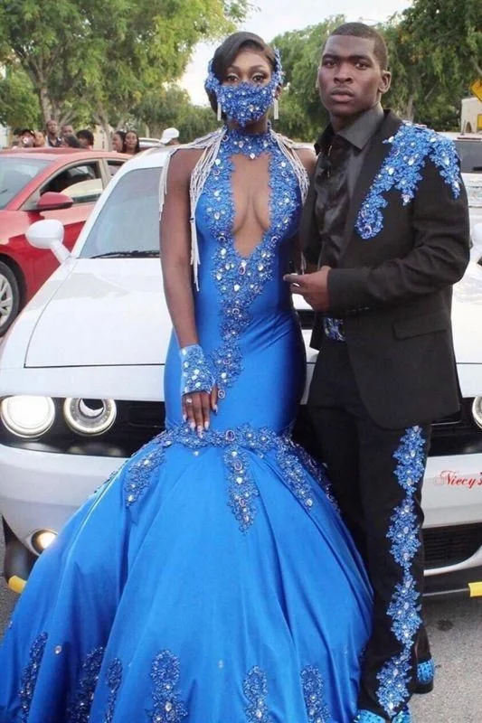 Glamorous Blue Halter Crystal Prom Dresses V-Neck Mermaid Evening Dres  C535