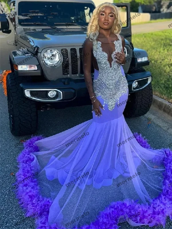 Purple Prom Dresses For Black Girls Diamond Beading Rhinestones Feathers Long Birthday Party Gown