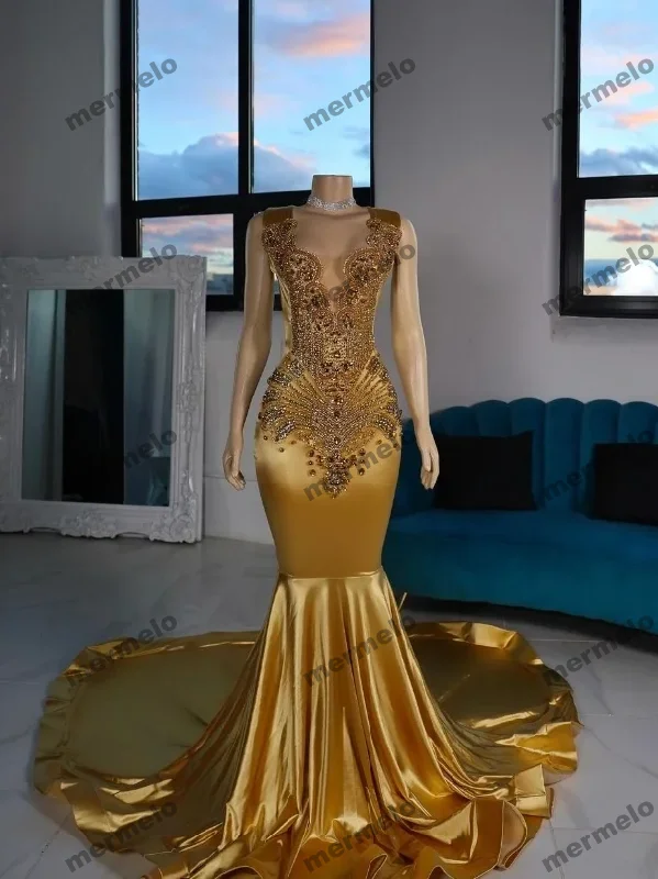 Gold Satin Mermaid Prom Dress For Women Glitter Diamante Applique Skinny