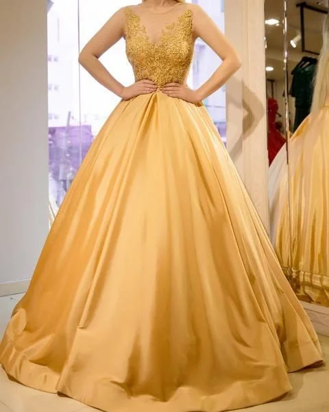 Satin Ball Gowns Prom Dresses Lace Appliques With Sheer Neckline    cg13507