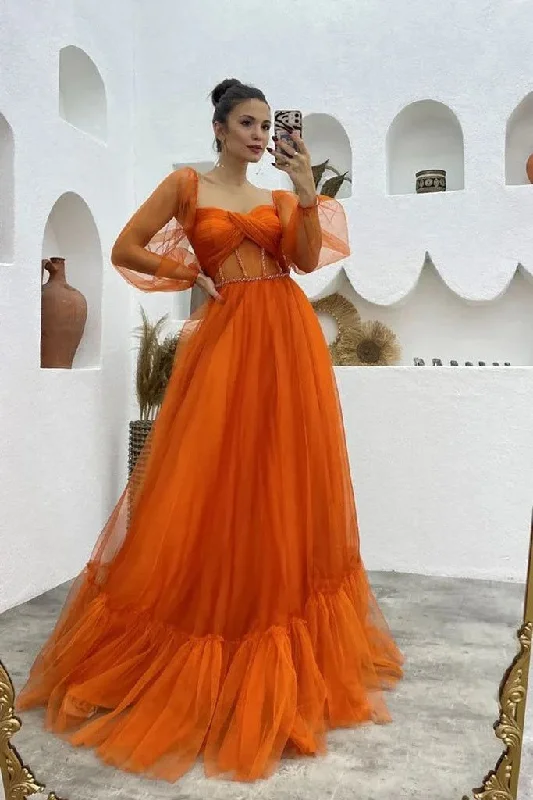 A Line Tulle Orange Long Sleeves Long Prom Dress Long Evening Dress cc1280