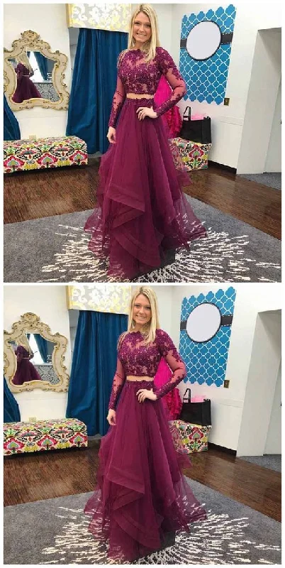 Two Piece Bateau Long Sleeves Grape Beaded Prom Dress With Lace   cg13815