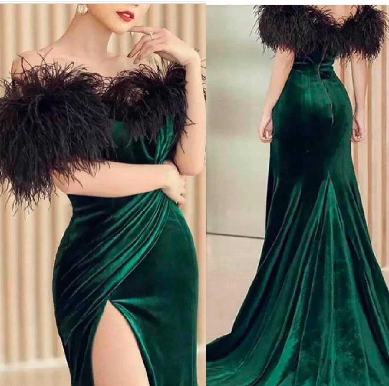 green prom dresses 2020 off the shoulder feather side slit pleats velvet evening dresses women dresses   cg13595