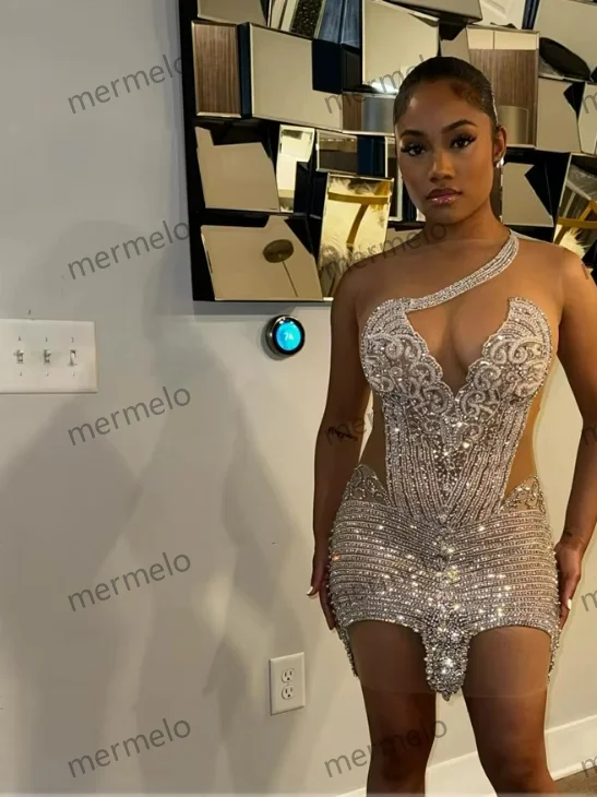 Silver Rhinestone Unique Mermaid Prom Dress Black girl See Thru