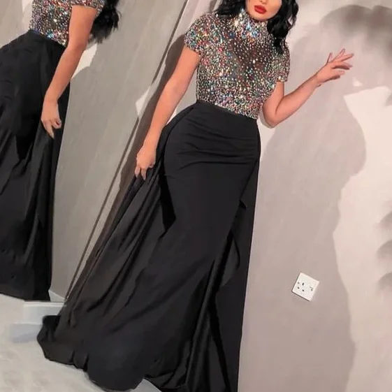 black prom dresses 2020 high neck short sleeve crystal beading sequins mermaid evening dresses   cg13548