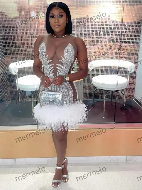 White O Neck Short Prom Dresses For Black Girls Bead Crystal