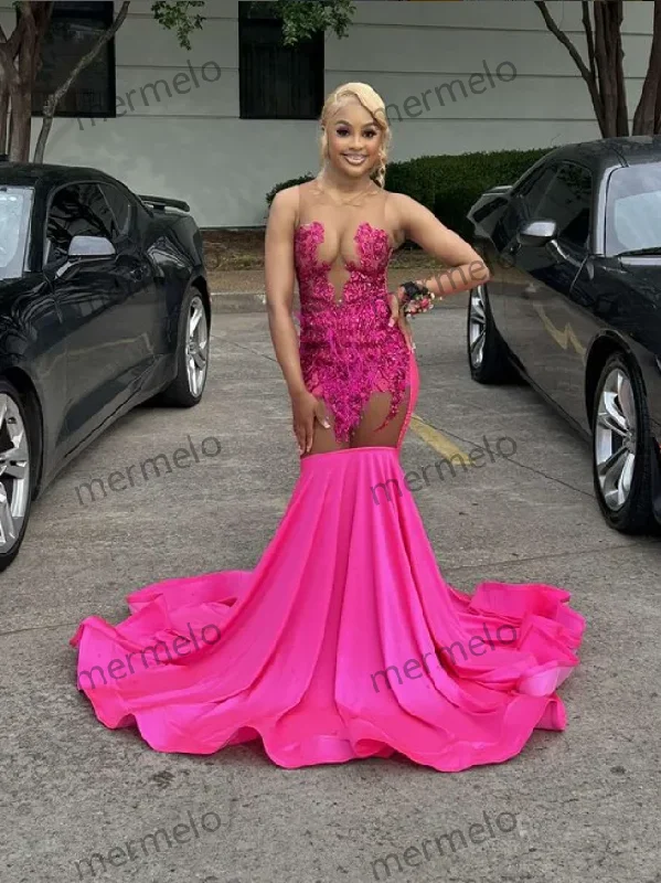 Pink Prom Dresses Black Girls Sexy Rhinestone Sequins Birthday Party Gowns