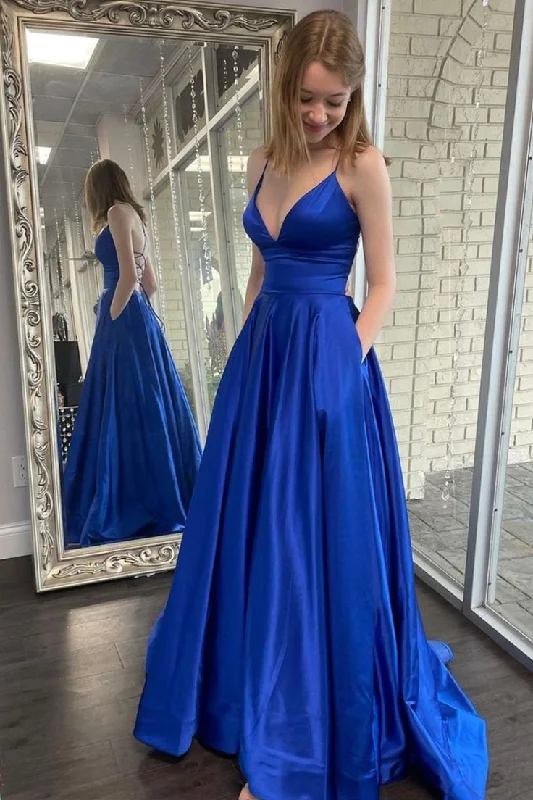 Blue Satin Long Prom Dresses, A-Line Backless Evening Dresses with Pockets cc1367
