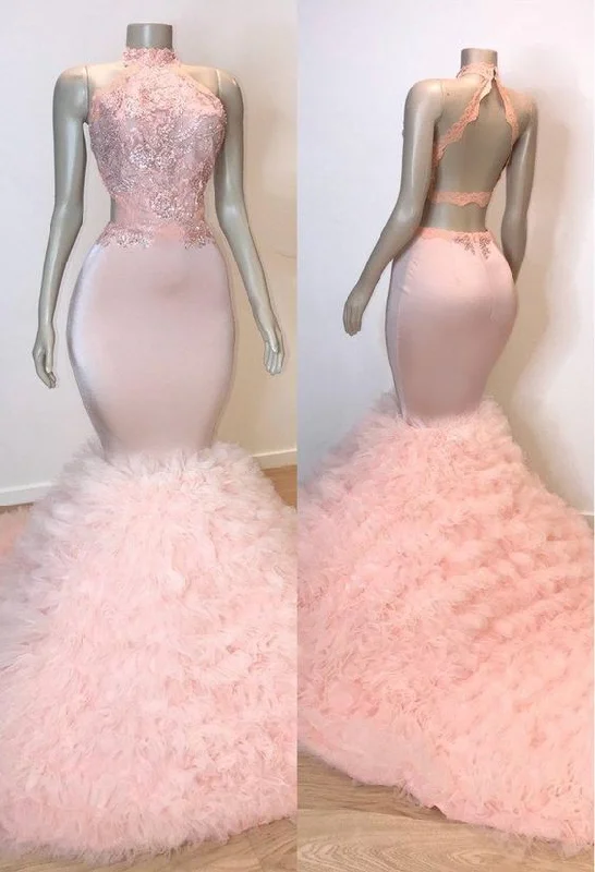 Pink Halter Sleeveless Mermaid Prom Dresses   cg13620