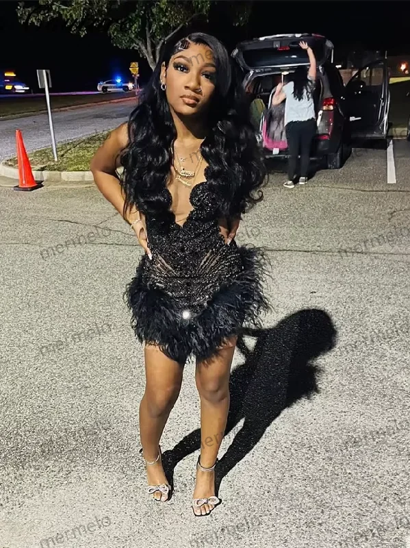 Sexy Black Diamonds Short Prom Dresses Bead Crystals Luxury Dresses Women