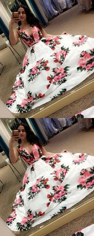 Charming V neck Floral Long Prom Dresses, Formal Evening Gown   cg13631