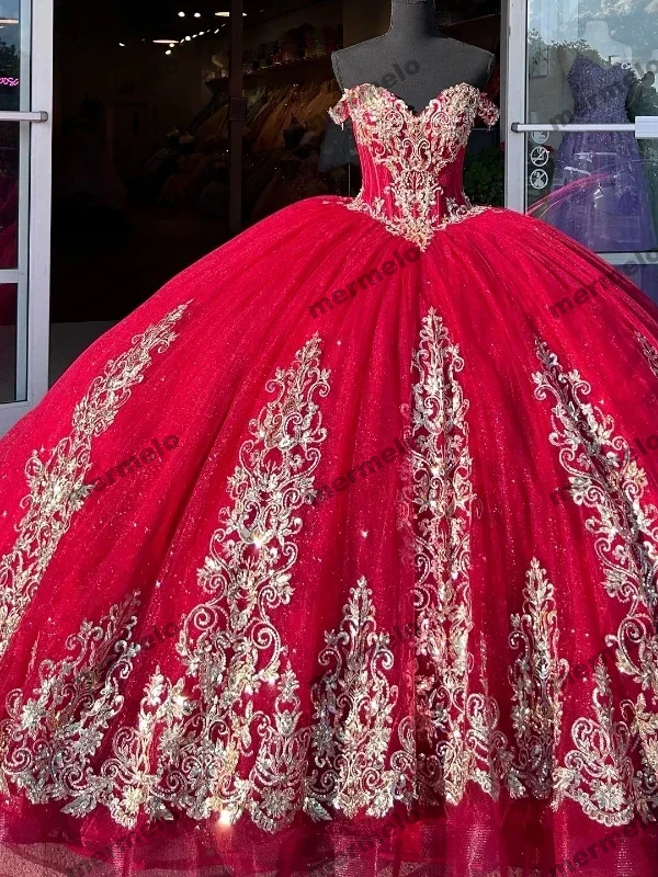 Red Ball Gown 15 Year Old Quinceanera Dresses Vestidos De Fiesta Birthday With Gold Appliques