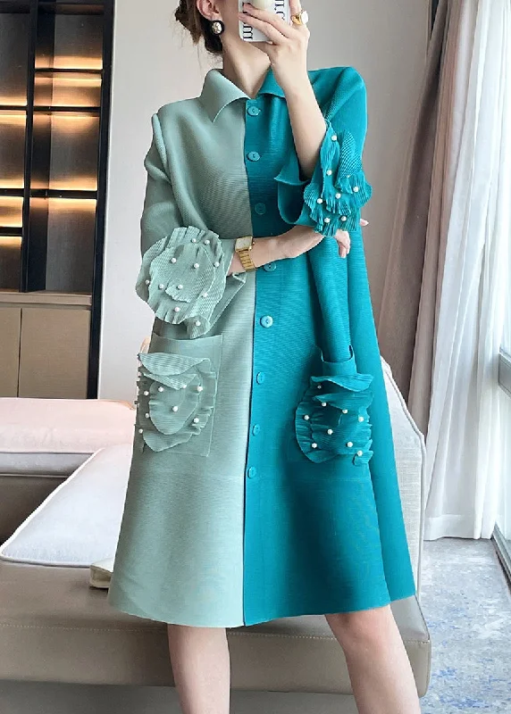 Stylish Green Wrinkled Nail Bead Patchwork Cotton Mid Dresses Butterfly Sleeve