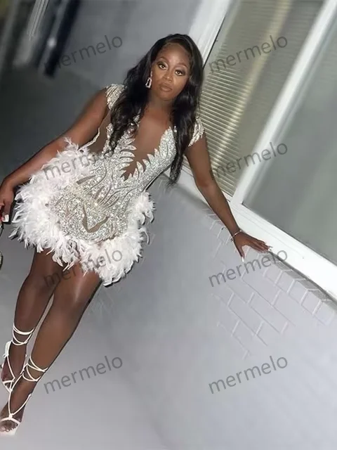 Diamonds Short Prom Dress Sheer Neck Beads Rhinestones Feather Birthday Party Cocktail Gowns Diamonds Short Prom Dress Sheer Neck Beads Rhinestones Feather Birthday Party Cocktail Gowns