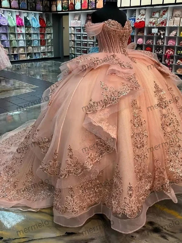 Blush Pink Ruffel Sweety Quinceanera Dresses Ball Gown Off Shoulder Birthday Sweet 15 16 Dress