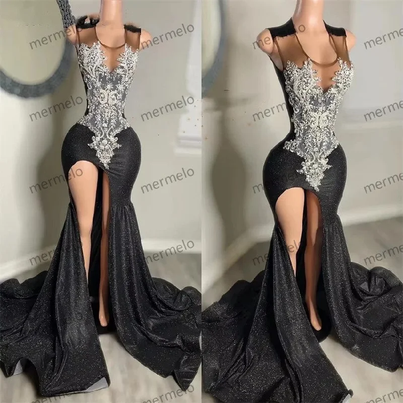 Glitter Black Lace Mermaid Prom Dresses Beading Side Split