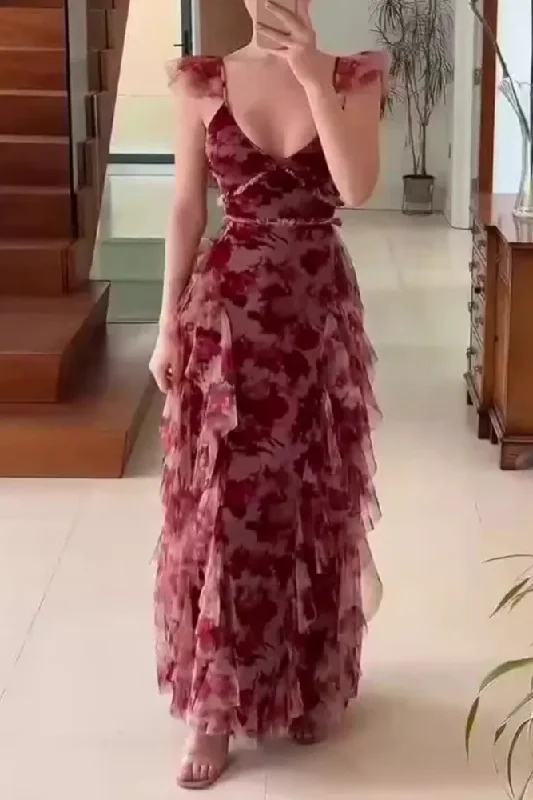 Unique Chiffon Print Ruffles Party Evening Dress A Line Prom Dress cc1432