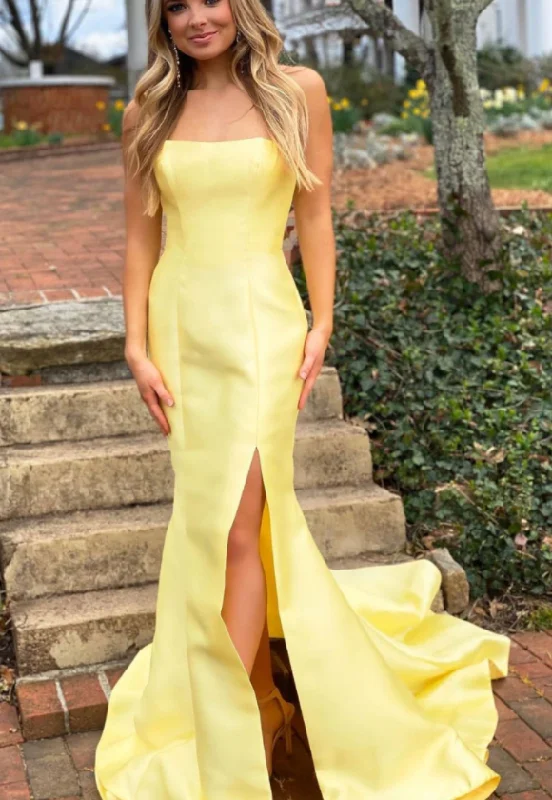 Simple yellow satin long prom dress yellow evening dress   cg13786