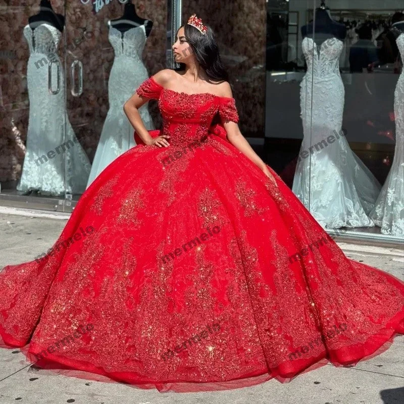 Red Quinceanera Dresses Ball Gown Shiny Sequined Appliques Sweet 16 Dress