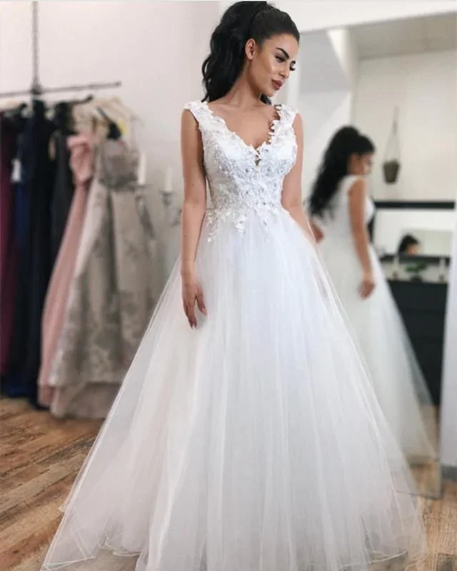 Lace V-neck Tulle Floor Length Prom Dresses Elegant Evening Gowns   cg14058