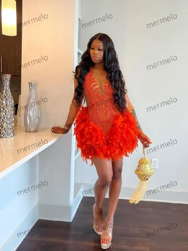 Orange Sparkly Short Prom Formal Dresses for Black Girl Luxury Diamond