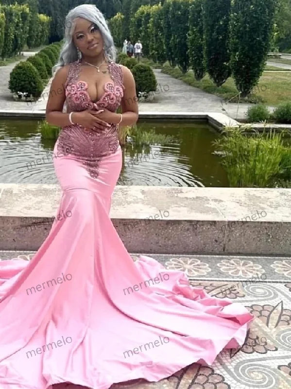 Luxury Glitter Pink Mermaid Prom Dress For Black Girls Silver Crystal