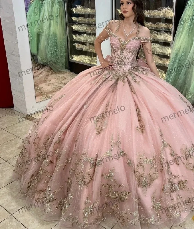 Pink Quinceanera Dress Ball Gown Gold Lace Applique Beading Mexican Corset Sweet 16